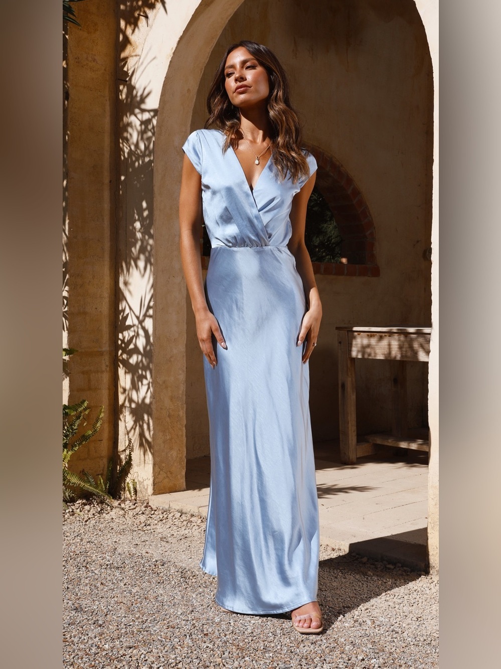 Billy J Satin Maxi Dress in Sky Blue V-Neck